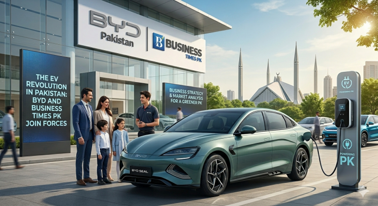 BYD Pakistan EV Launch - BYD Seal Electric Car with Business Times PK analysis, Islamabad skyline, and local charging.